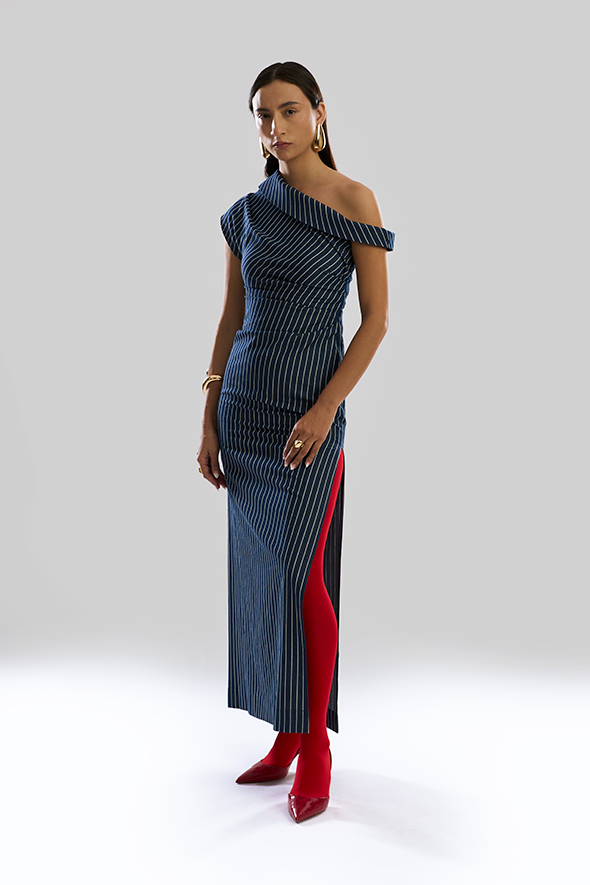 Linear Shift one shoulder Denim Dress
