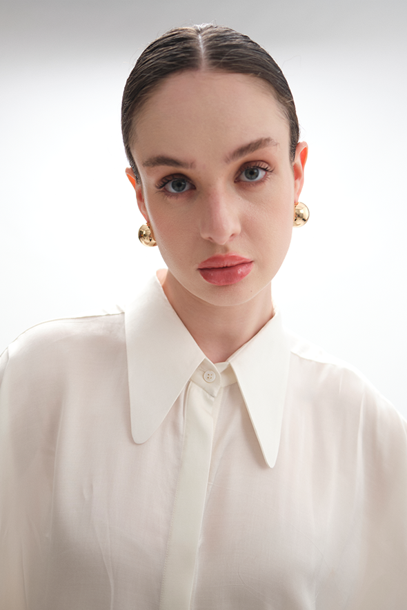 White Kimono Shirt, crafted from lightweight modal satin in off-white from Aroka.