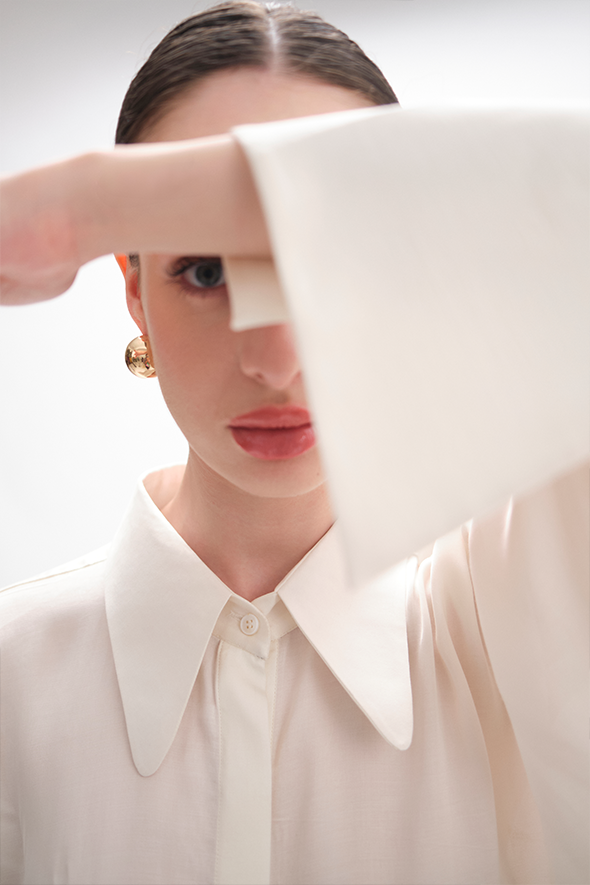 White Kimono Shirt, crafted from lightweight modal satin in off-white from Aroka.