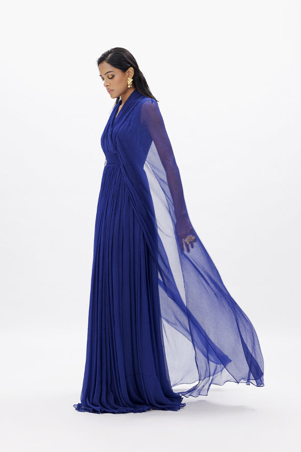 Party Wear Chiffon layered over modal satin dress in blue from Aroka.