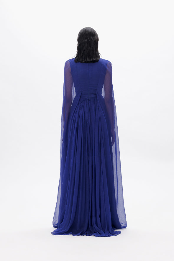 Party Wear Chiffon layered over modal satin dress in blue from Aroka.