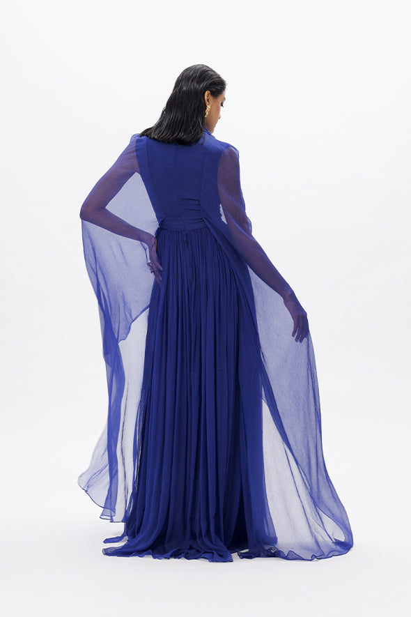 Party Wear Chiffon layered over modal satin dress in blue from Aroka.