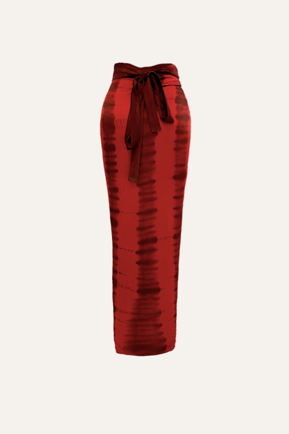 Riptide Skirt in Vertical Red Tie-dye and Solid Brown Multiway Drape Skirt from Aroka.