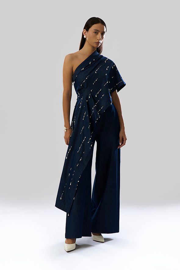 Pearlfall Asymmetric Denim Top with Pearls by Aroka.