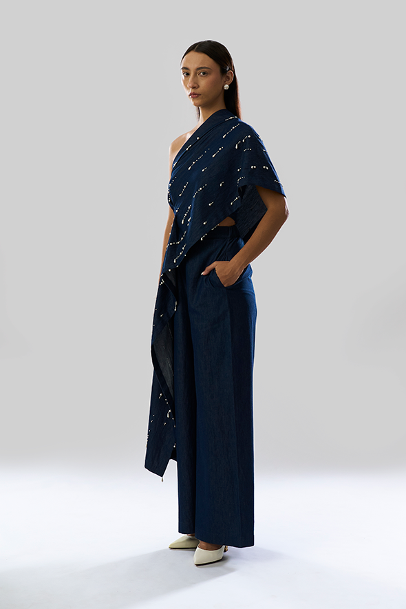 Pearlfall Asymmetric Denim Top with Pearls by Aroka.