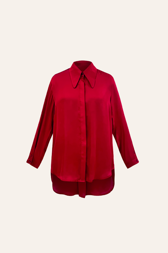Full-sleeve red modal satin shirt featuring a high-low hem with an apple cut from Aroka.