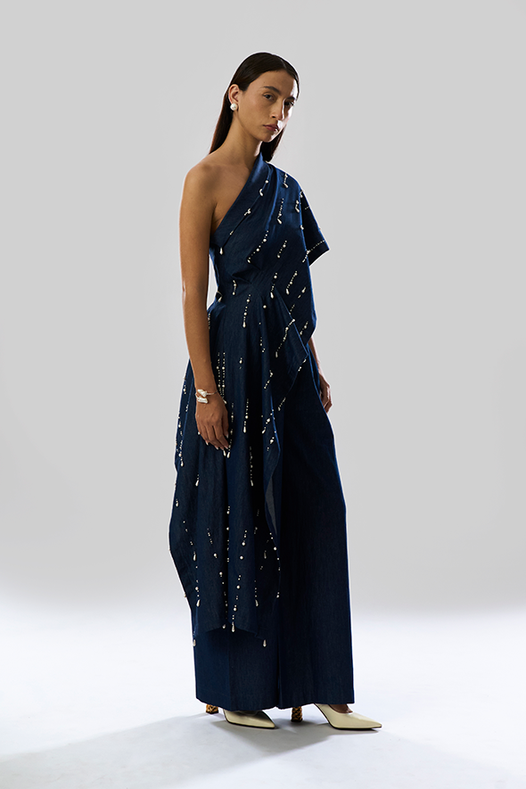 Pearlfall Asymmetric Denim Top with Pearls by Aroka