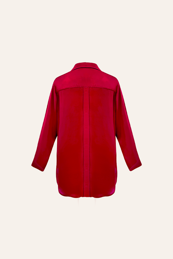 Full-sleeve red modal satin shirt featuring a high-low hem with an apple cut from Aroka.