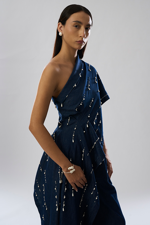 Pearlfall Asymmetric Denim Top with Pearls by Aroka.