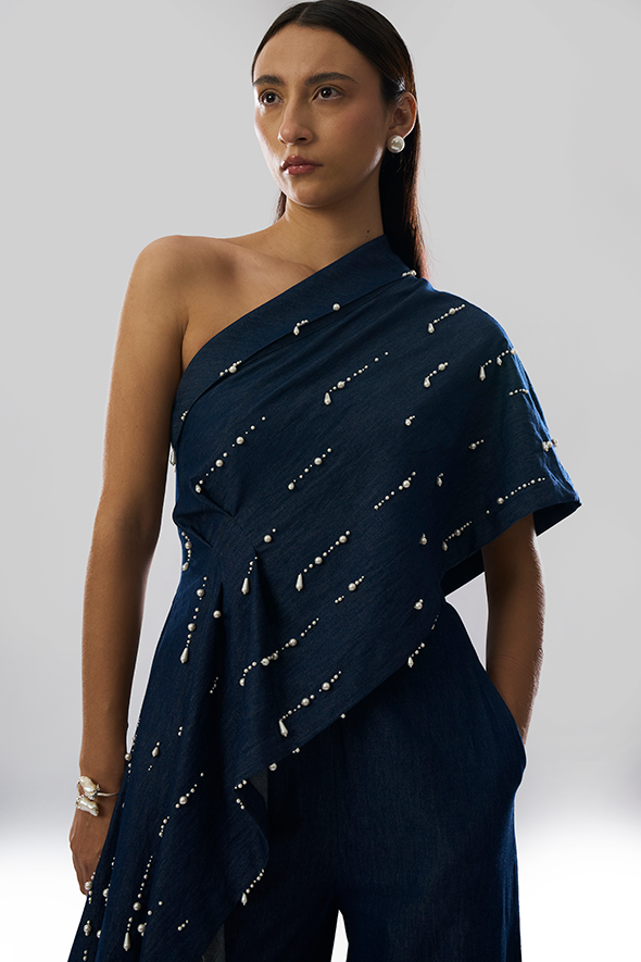 Pearlfall Asymmetric Denim Top with Pearls by Aroka.