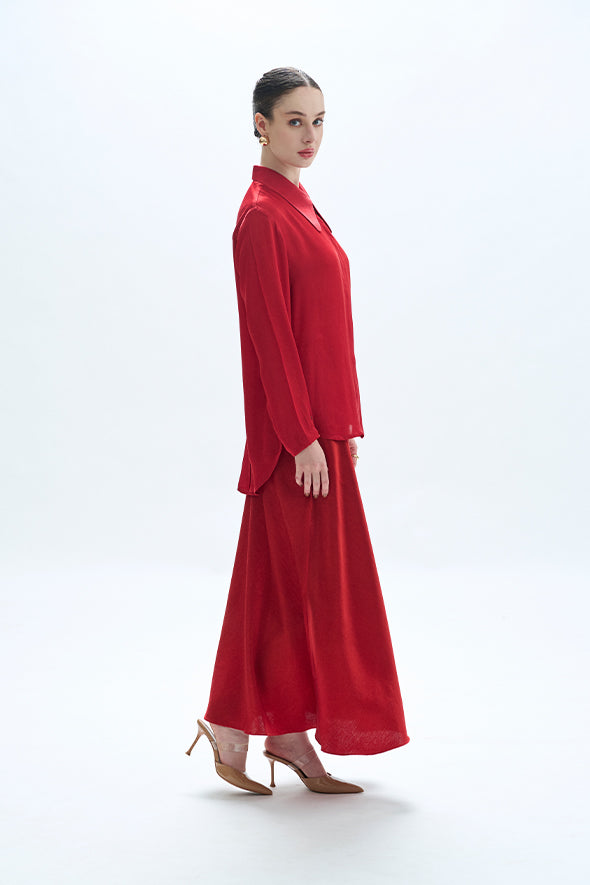 Full-sleeve red modal satin shirt featuring a high-low hem with an apple cut from Aroka.