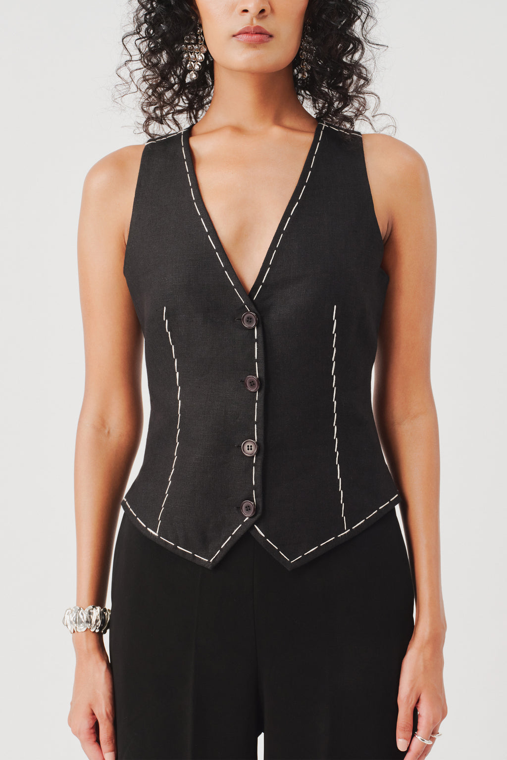 Bearer Black Linen Waist coat for women - Main Image