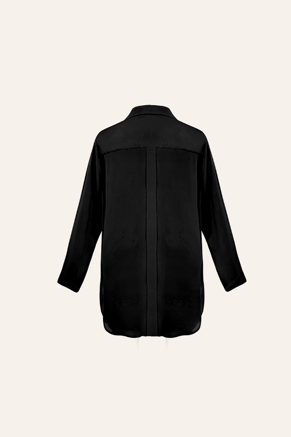 Full-sleeve black modal satin shirt featuring a high-low hem with an apple cut from Aroka.