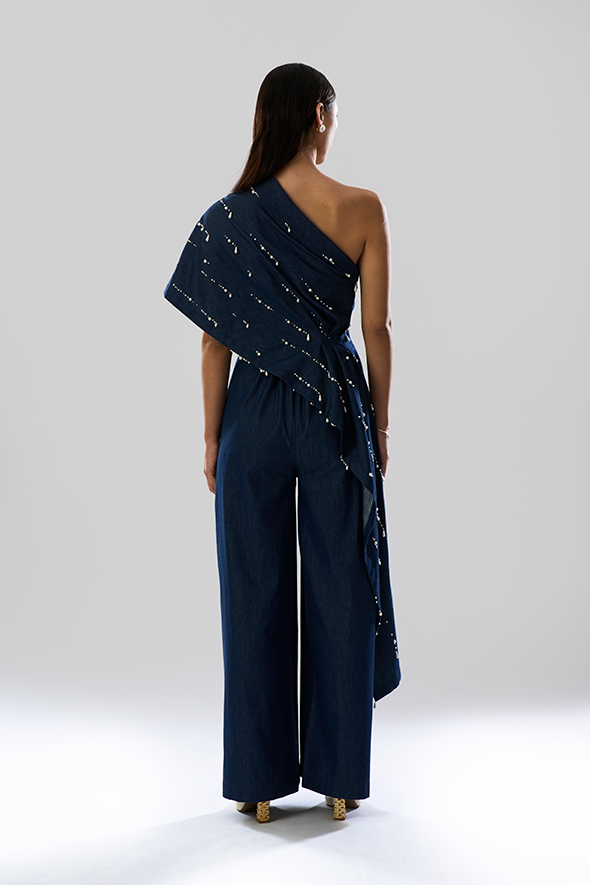 Pearlfall Asymmetric Denim Top with Pearls by Aroka.