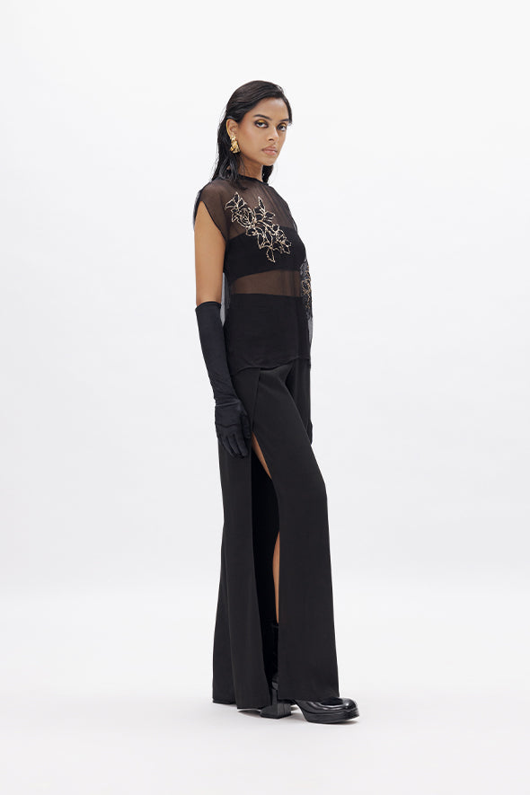Sheer chiffon top with zari hand embroidery layering over a black stretch satin tube top from Aroka.