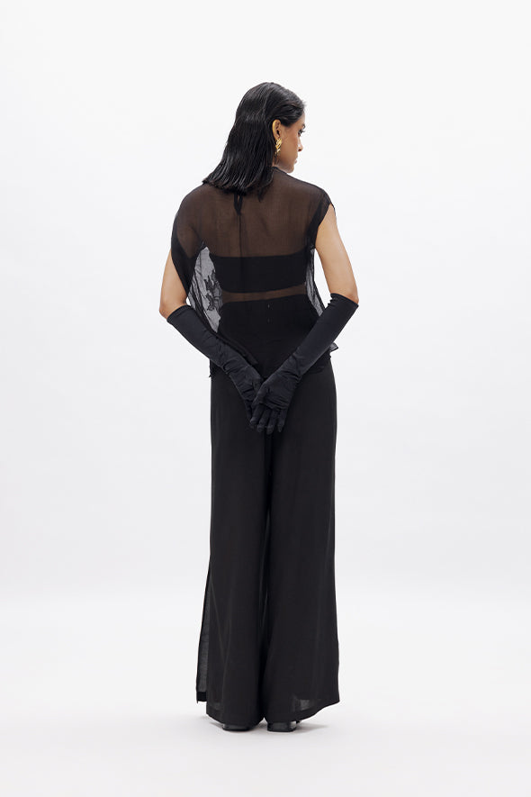 Sheer chiffon top with zari hand embroidery layering over a black stretch satin tube top from Aroka.