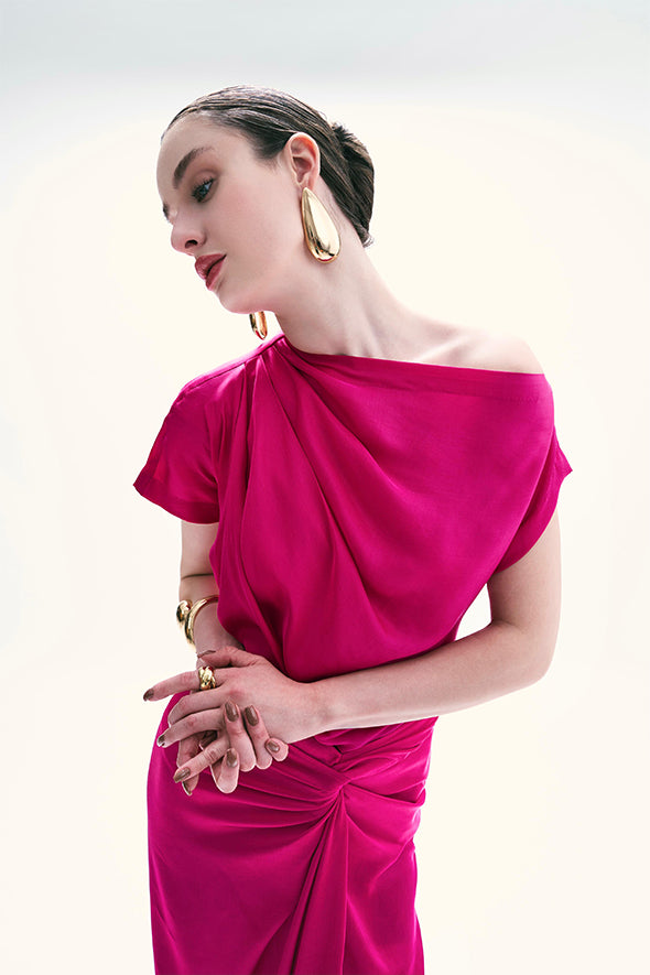 Loose fit pink off-shoulder cowl drape top from Aroka.