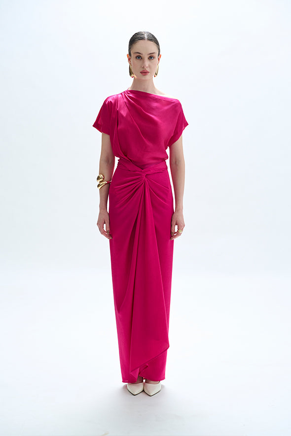 Loose fit pink off-shoulder cowl drape top from Aroka.