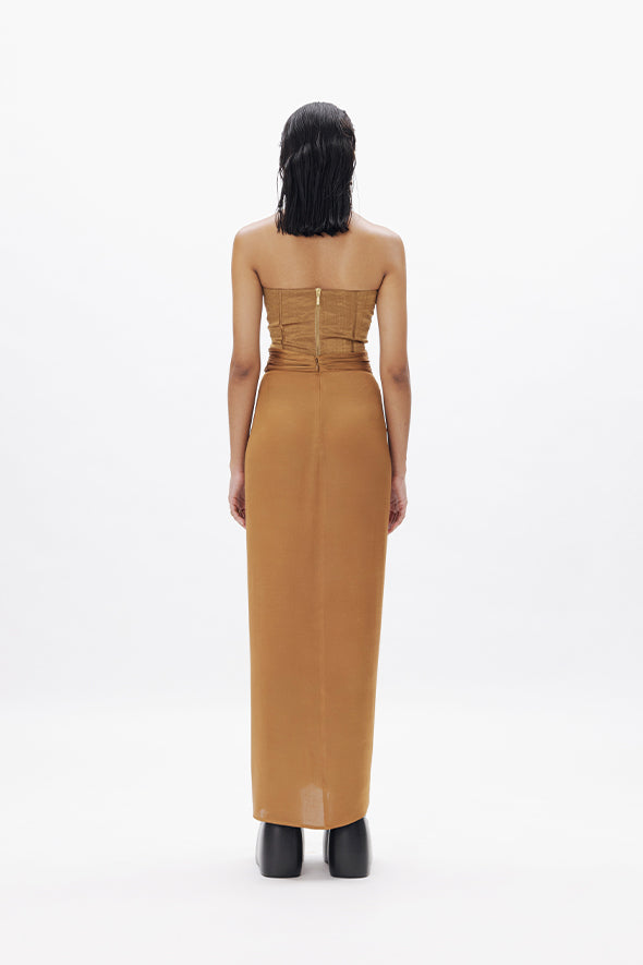 Aroka Gold zari corset, crafted from Handwoven Zari tissue for elegant cocktail events.