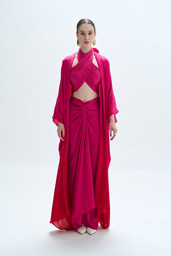 Handmade with modal satin fabric halter neck drape top in pink from Aroka.