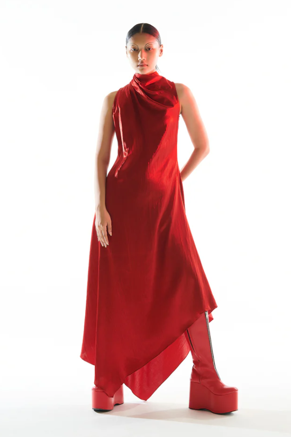 Shop Cara Cowl Dress - Modal Satin Cowl Neck Dress by Aroka