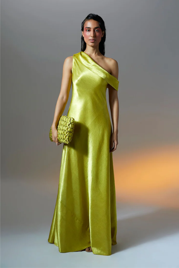 Fit and Flare off-shoulder dress in lemon colour dress from Aroka.