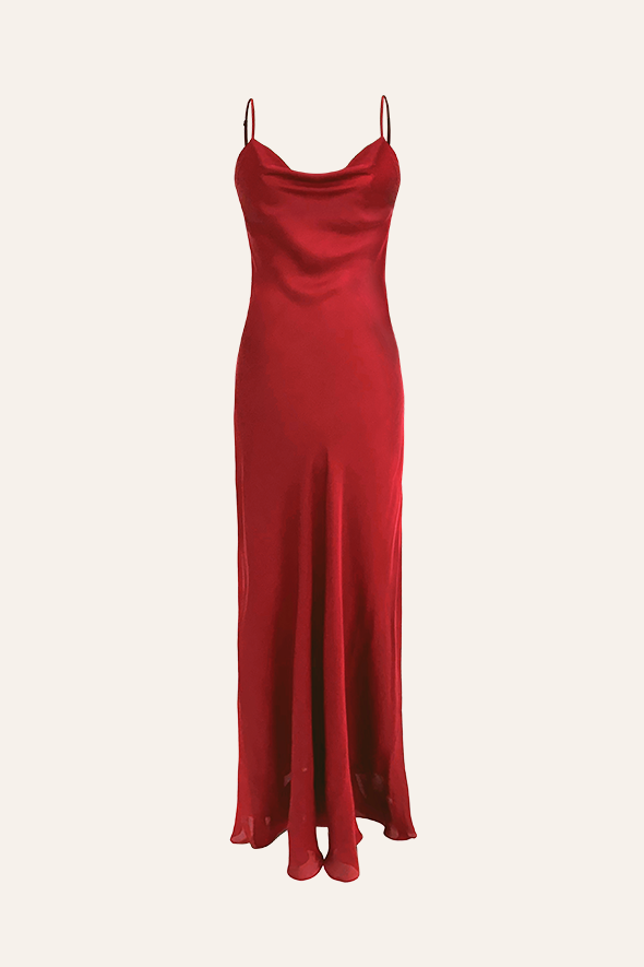 Cocktail Party Dress, Cowl Neck Floor Length Modal Satin Slip Dress in Red from Aroka