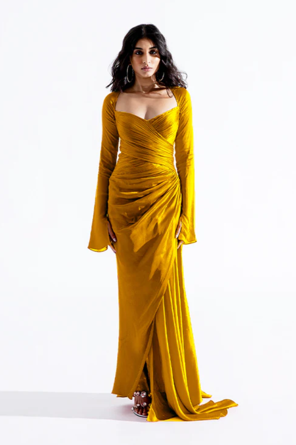 Grace Ruched Dress in Mustard
