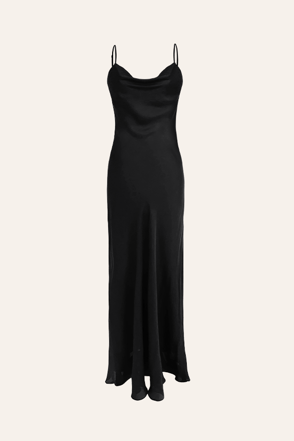 Cocktail Party Dress, Cowl Neck Floor Length Modal Satin Slip Dress in Black from Aroka