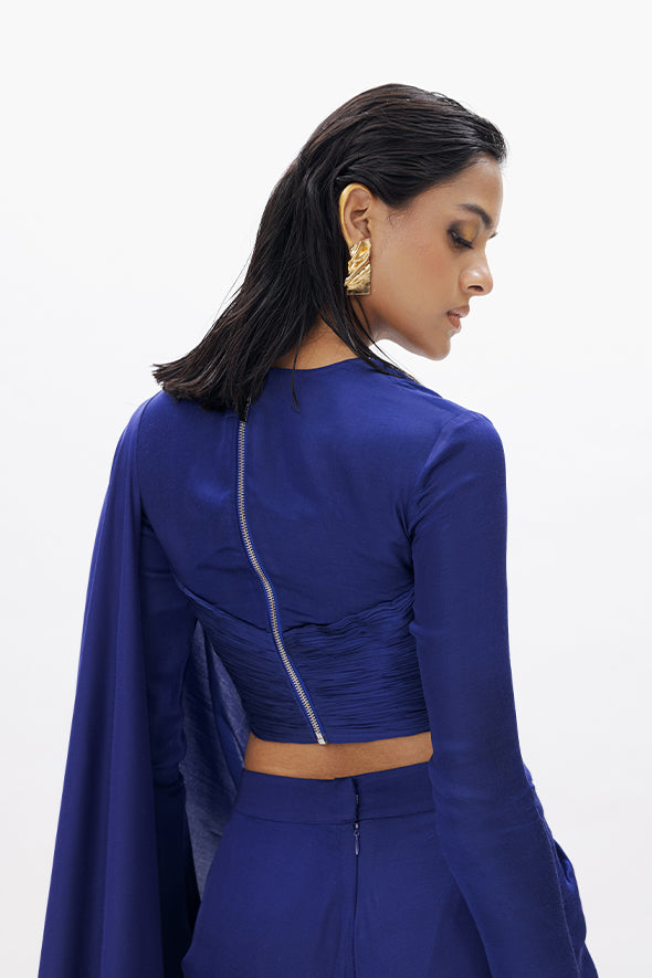 Modest ruched crop top made from luxurious modal satin with modal satin pre-draped saree for special occasions from Aroka.