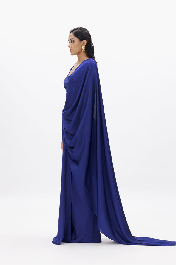 Modest ruched crop top made from luxurious modal satin with modal satin pre-draped saree for special occasions from Aroka.