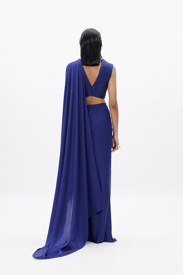 Blue ruched design with a sweetheart, incut neckline, sleeveless top with modal satin pre-draped saree for special occasions from Aroka.