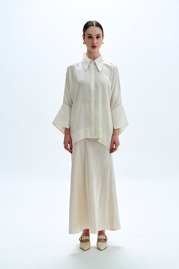 White Kimono Shirt, crafted from lightweight modal satin in off-white from Aroka.