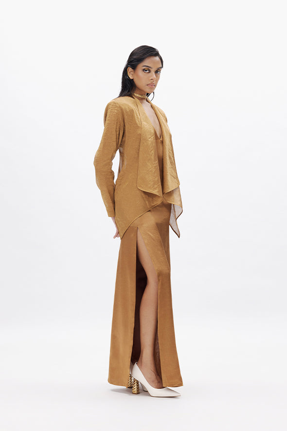 Handwoven Zari tissue jacket for cocktail events, festive celebrations by Aroka.