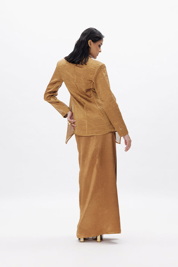 Handwoven Zari tissue jacket for cocktail events, festive celebrations by Aroka.