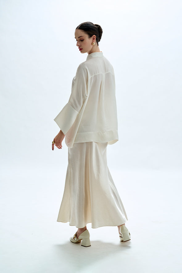 White Kimono Shirt, crafted from lightweight modal satin in off-white from Aroka.