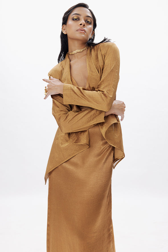 Handwoven Zari tissue jacket for cocktail events, festive celebrations by Aroka.