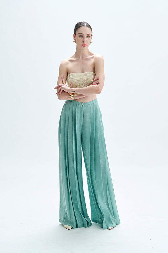 Duckegg blue pleated pants, crafted from soft Dobby Tencel fabric by Aroka.