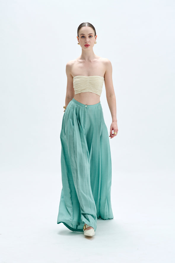 Duckegg blue pleated pants, crafted from soft Dobby Tencel fabric by Aroka.
