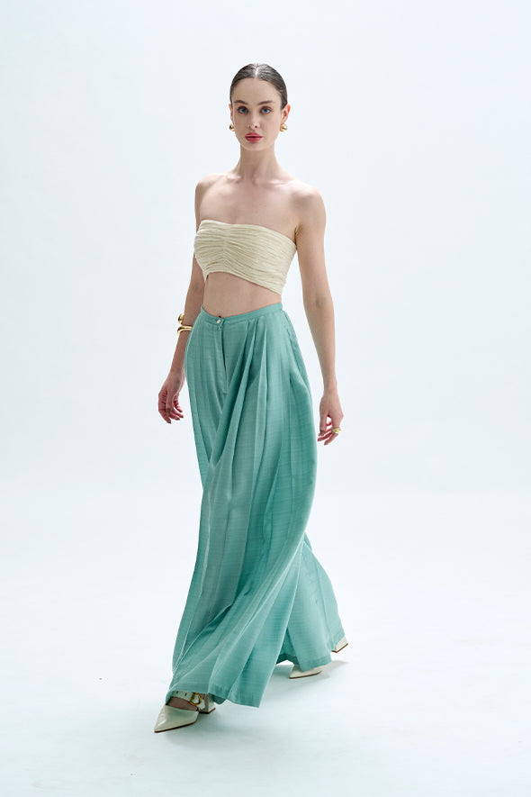 Duckegg blue pleated pants, crafted from soft Dobby Tencel fabric by Aroka.