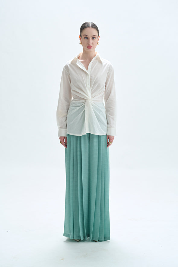 Duckegg blue pleated pants, crafted from soft Dobby Tencel fabric by Aroka.