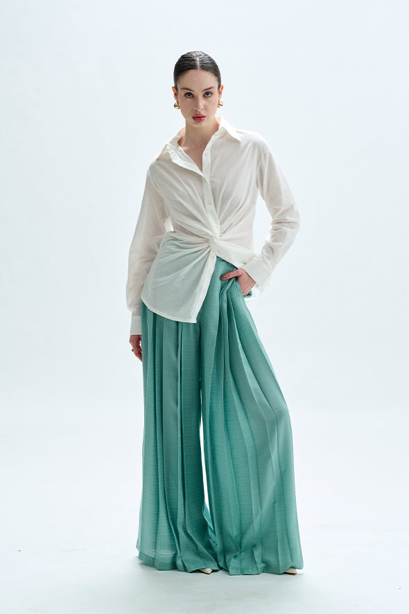 Duckegg blue pleated pants, crafted from soft Dobby Tencel fabric by Aroka.