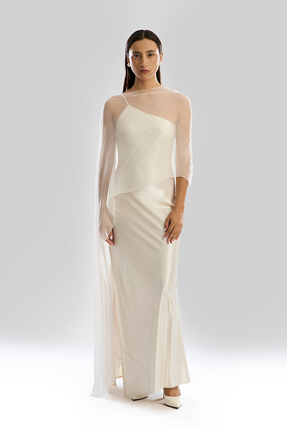 Designer One-Shoulder Gown with Cape: Aura Gown by Aroka.