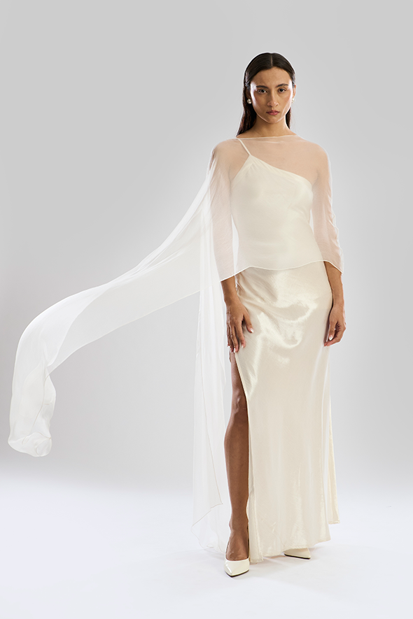 Designer One-Shoulder Gown with Cape: Aura Gown by Aroka.