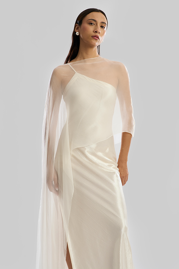 Designer One-Shoulder Gown with Cape: Aura Gown by Aroka.