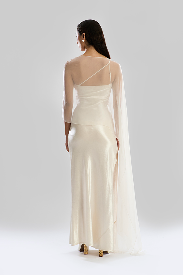 Designer One-Shoulder Gown with Cape: Aura Gown by Aroka.