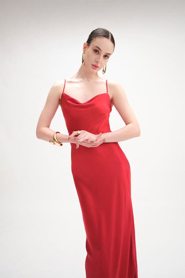 Cocktail Party Dress, Cowl Neck Floor Length Modal Satin Slip Dress in Red from Aroka