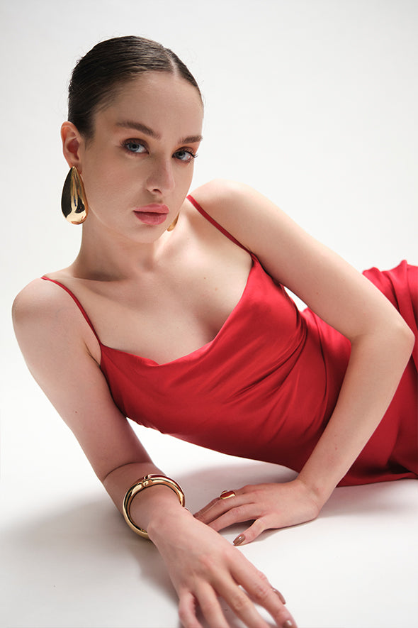 Cocktail Party Dress, Cowl Neck Floor Length Modal Satin Slip Dress in Red from Aroka