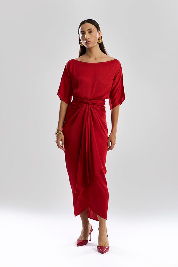 Elegant Verve Sarong Dress in Red by Aroka.