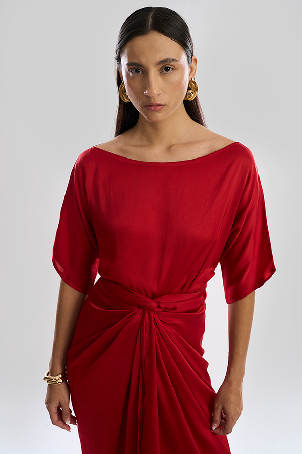 Elegant Verve Sarong Dress in Red by Aroka.